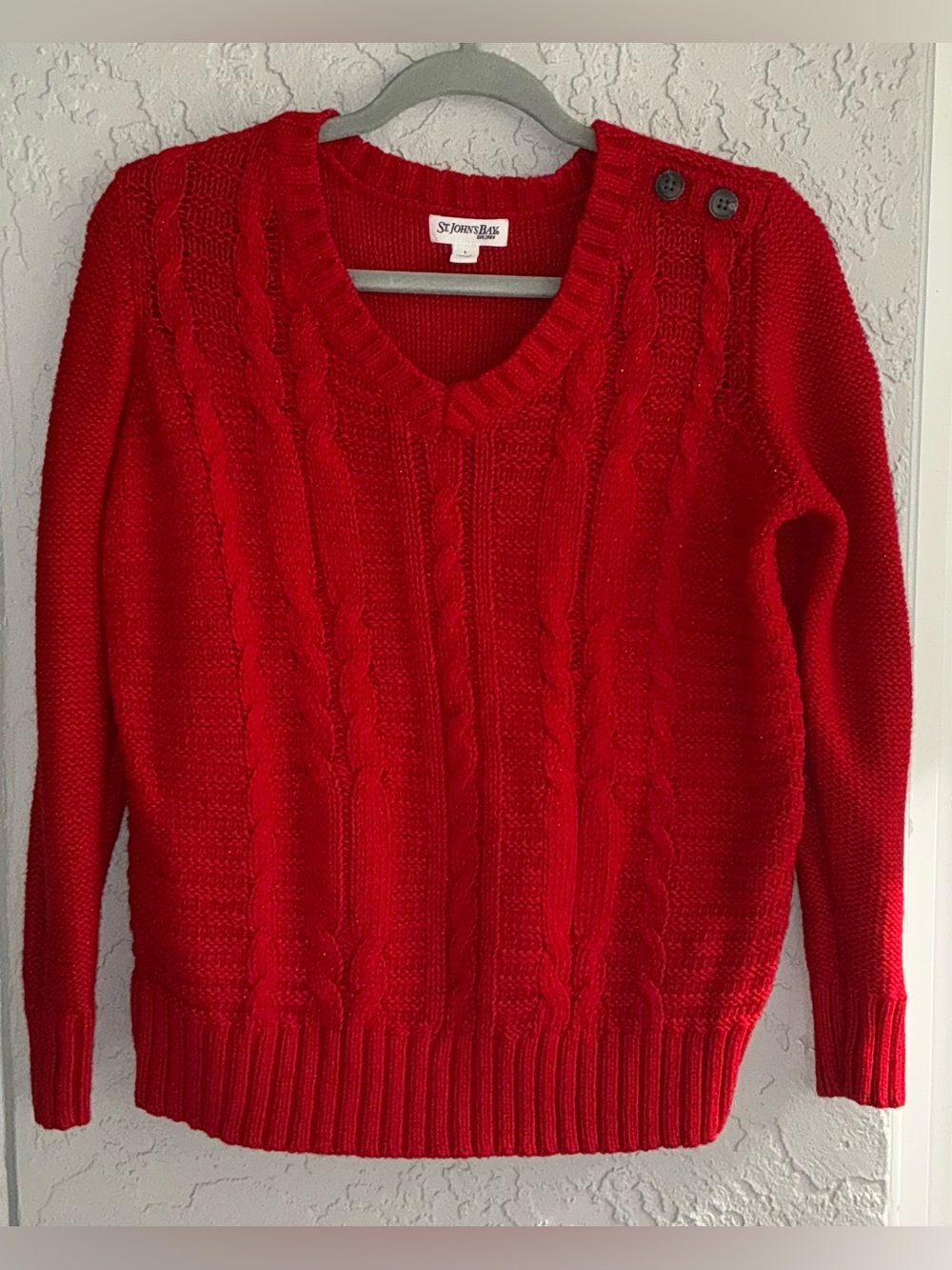 St. John's Bay Red Cable-Knit V-Neck Sweater with Shoulder Buttons